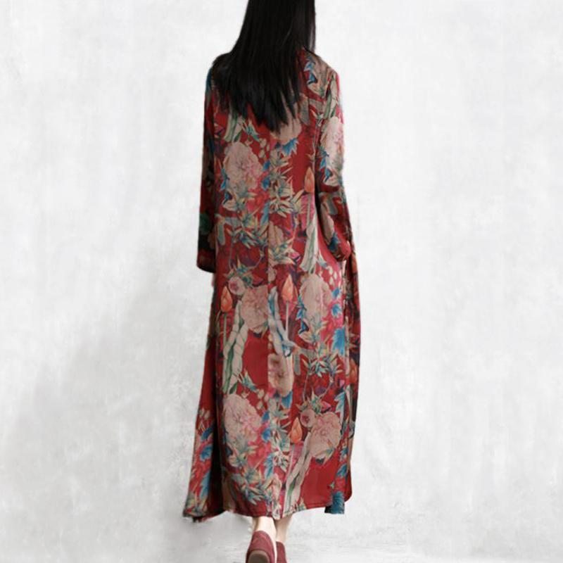 Robe À Manches Longues En Soie À Imprimé Floral Rétro