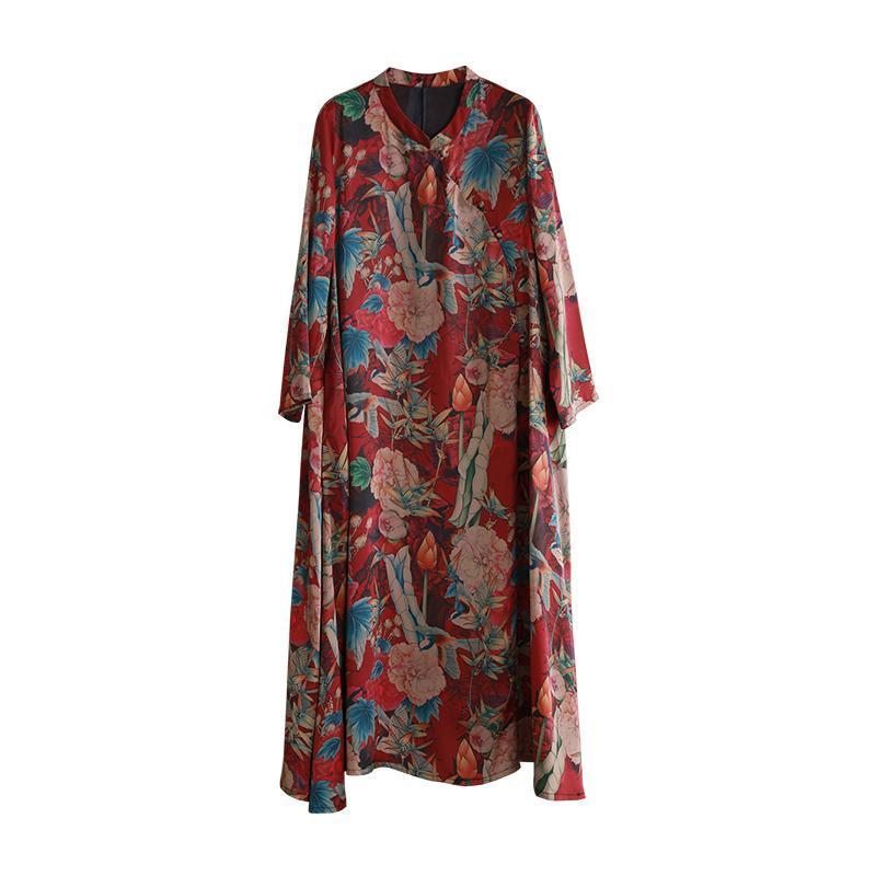 Robe À Manches Longues En Soie À Imprimé Floral Rétro