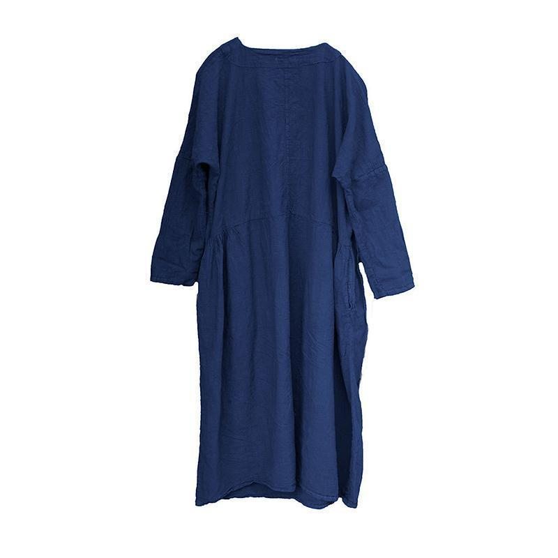 Robe À Manches Longues Unie À Lacets En Coton Et Lin Vintage