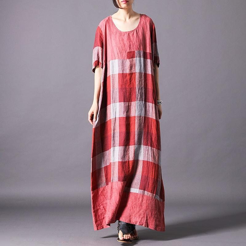 Robe Maxi À Manches Courtes Décontractée À Carreaux En Mélange De Lin Vintage Pour Femmes