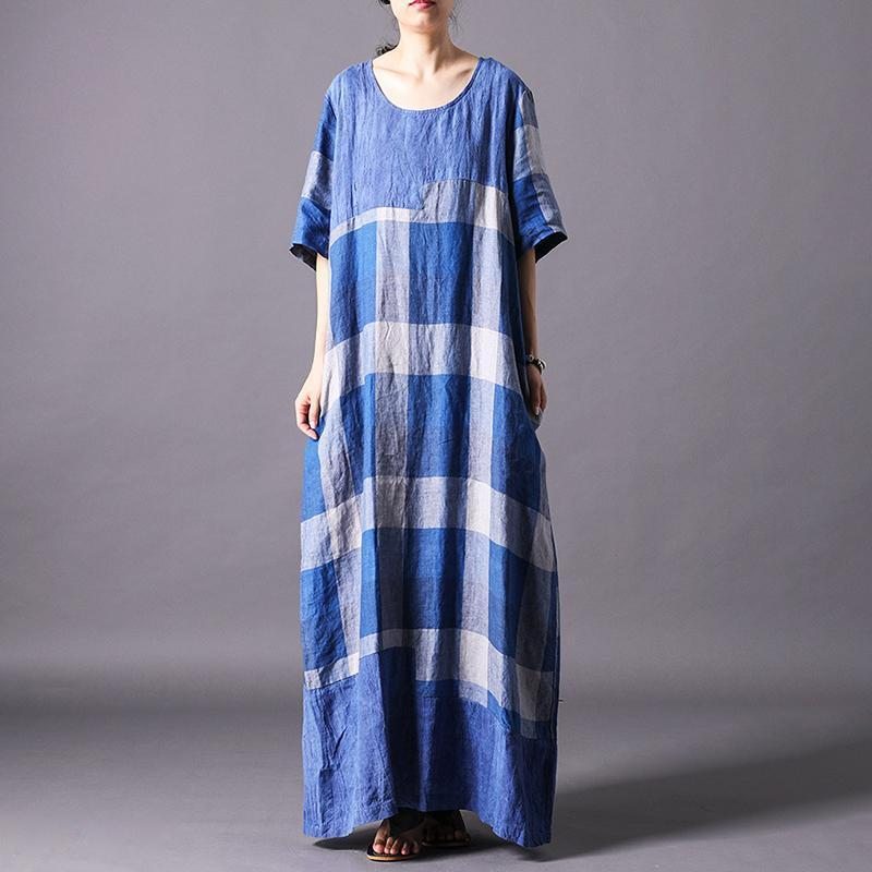 Robe Maxi À Manches Courtes Décontractée À Carreaux En Mélange De Lin Vintage Pour Femmes