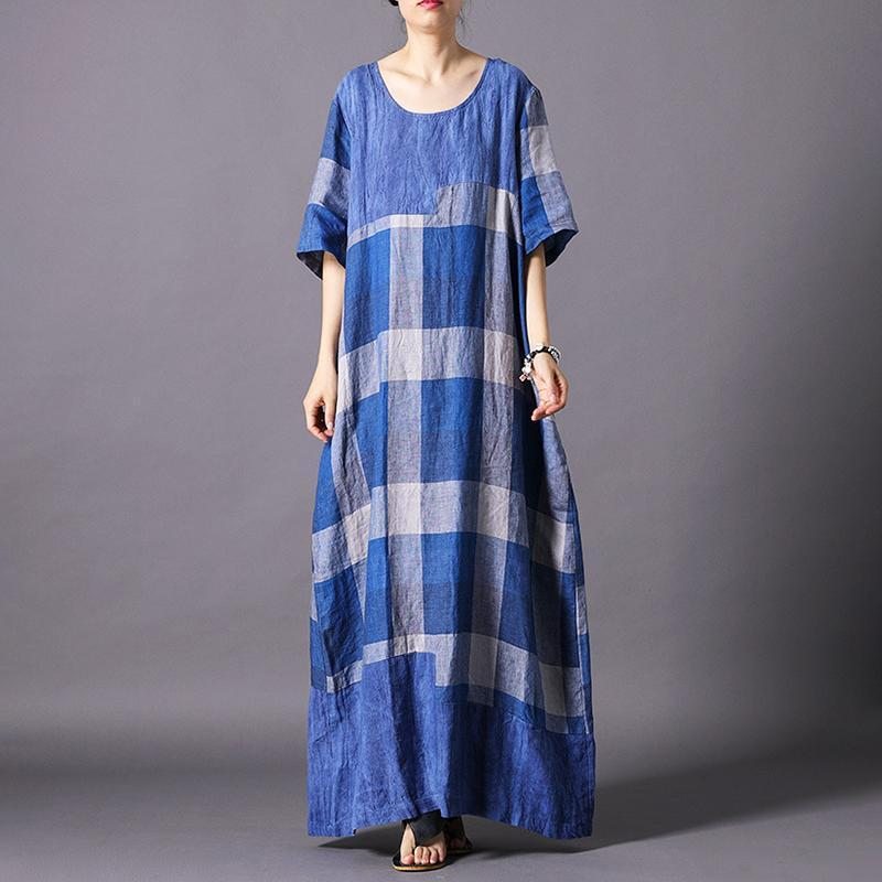 Robe Maxi À Manches Courtes Décontractée À Carreaux En Mélange De Lin Vintage Pour Femmes