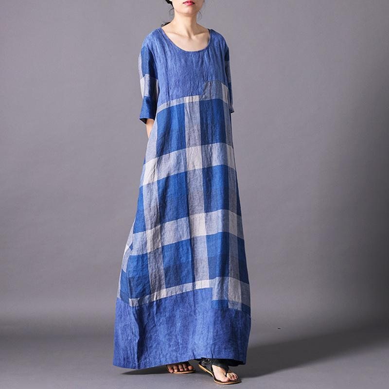 Robe Maxi À Manches Courtes Décontractée À Carreaux En Mélange De Lin Vintage Pour Femmes