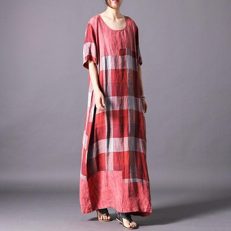 Robe Maxi À Manches Courtes Décontractée À Carreaux En Mélange De Lin Vintage Pour Femmes