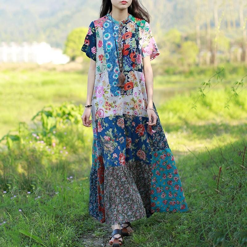 Robe Maxi À Manches Courtes Imprimée En Coton À Col Montant Pour Femme