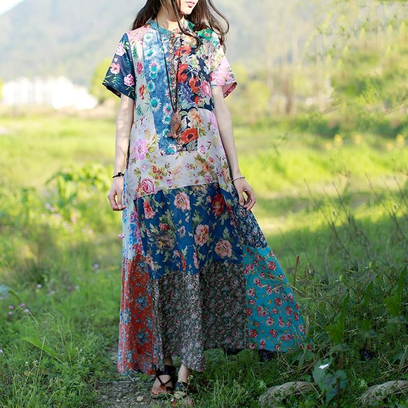 Robe Maxi À Manches Courtes Imprimée En Coton À Col Montant Pour Femme