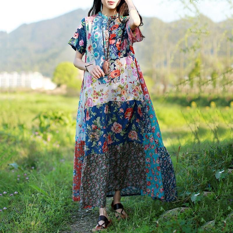 Robe Maxi À Manches Courtes Imprimée En Coton À Col Montant Pour Femme