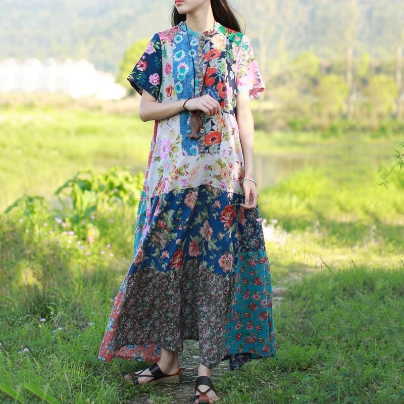 Robe Maxi À Manches Courtes Imprimée En Coton À Col Montant Pour Femme