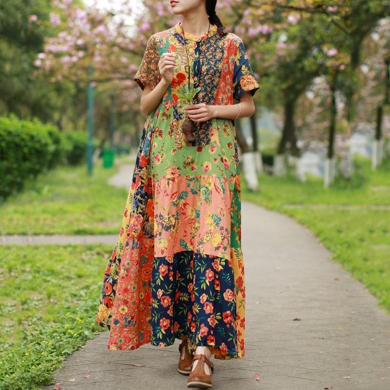 Robe Maxi À Manches Courtes Imprimée En Coton À Col Montant Pour Femme