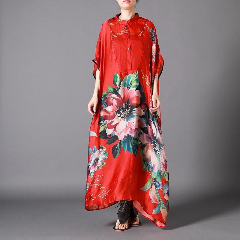 Robe Maxi À Manches Courtes Irrégulière Imprimée De Fleurs Vintage