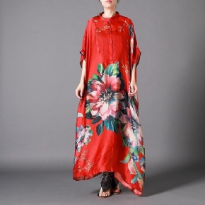 Robe Maxi À Manches Courtes Irrégulière Imprimée De Fleurs Vintage