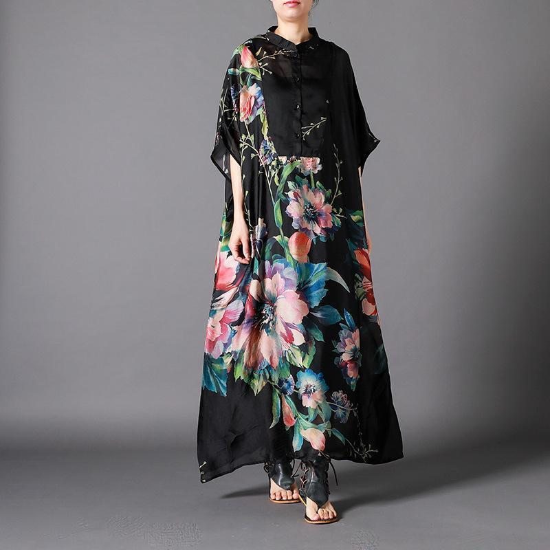 Robe Maxi À Manches Courtes Irrégulière Imprimée De Fleurs Vintage