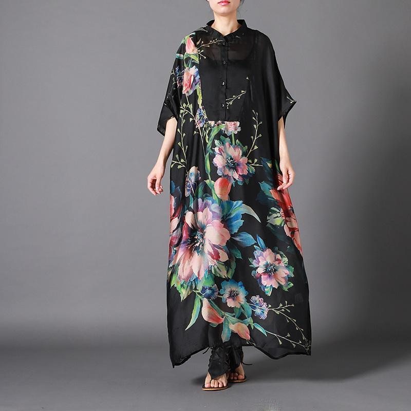 Robe Maxi À Manches Courtes Irrégulière Imprimée De Fleurs Vintage