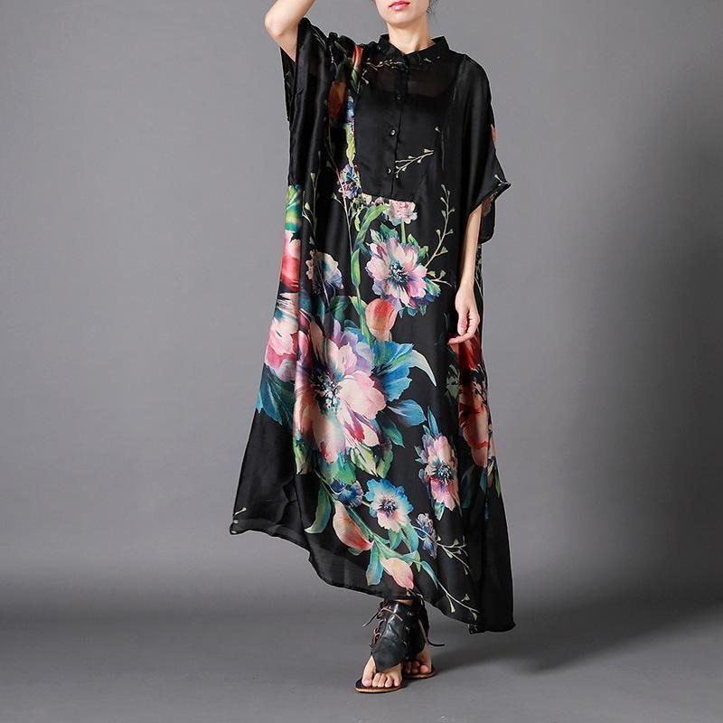 Robe Maxi À Manches Courtes Irrégulière Imprimée De Fleurs Vintage