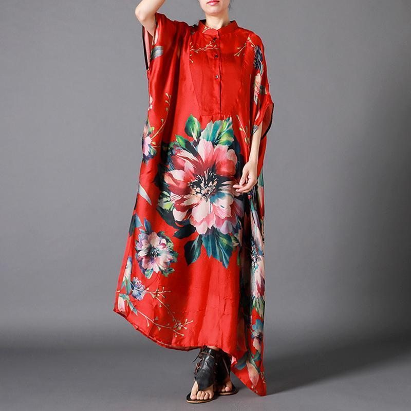 Robe Maxi À Manches Courtes Irrégulière Imprimée De Fleurs Vintage