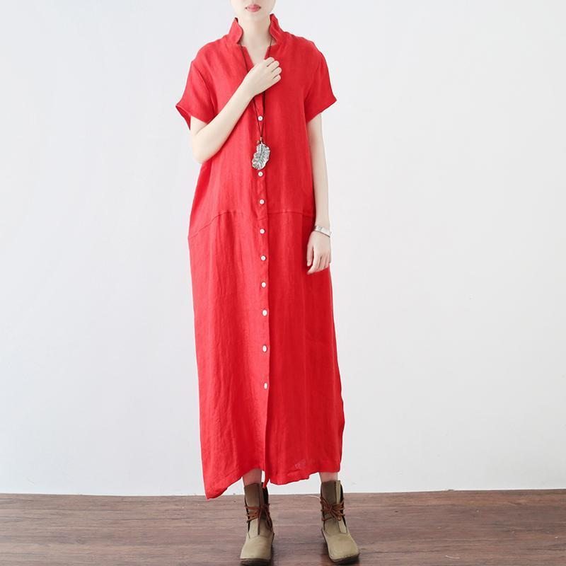 Robe Maxi À Manches Courtes En Lin Boutonné À Col En V Pour Femme