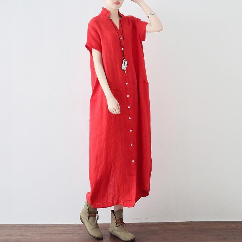 Robe Maxi À Manches Courtes En Lin Boutonné À Col En V Pour Femme