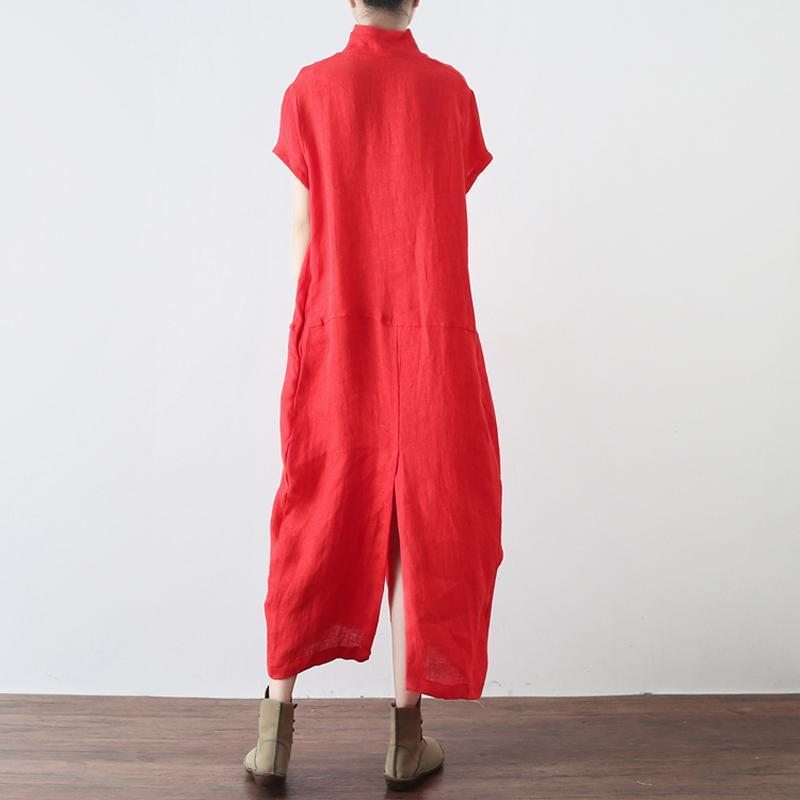 Robe Maxi À Manches Courtes En Lin Boutonné À Col En V Pour Femme