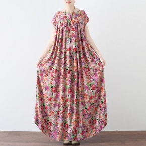 Robe Maxi À Manches Courtes En Lin Décontracté À Fleurs Rétro Pour Femmes