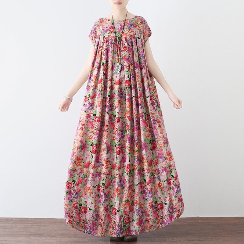 Robe Maxi À Manches Courtes En Lin Décontracté À Fleurs Rétro Pour Femmes