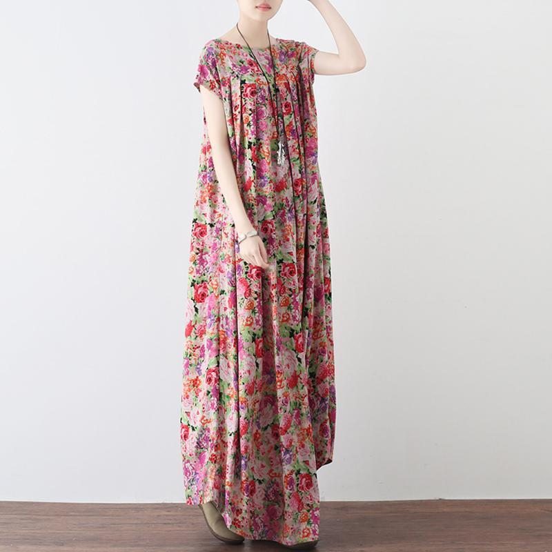 Robe Maxi À Manches Courtes En Lin Décontracté À Fleurs Rétro Pour Femmes