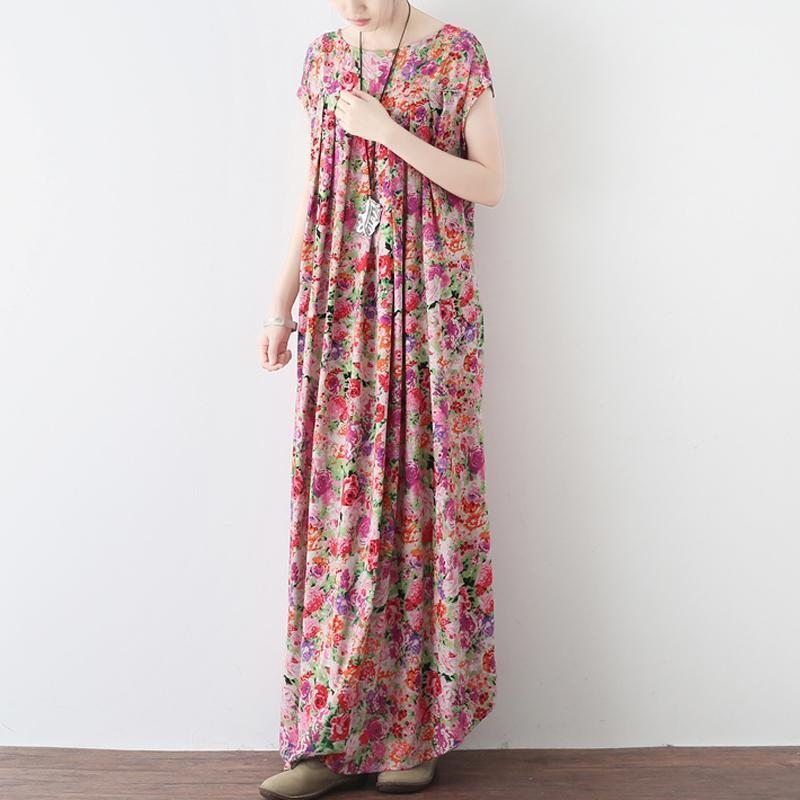 Robe Maxi À Manches Courtes En Lin Décontracté À Fleurs Rétro Pour Femmes