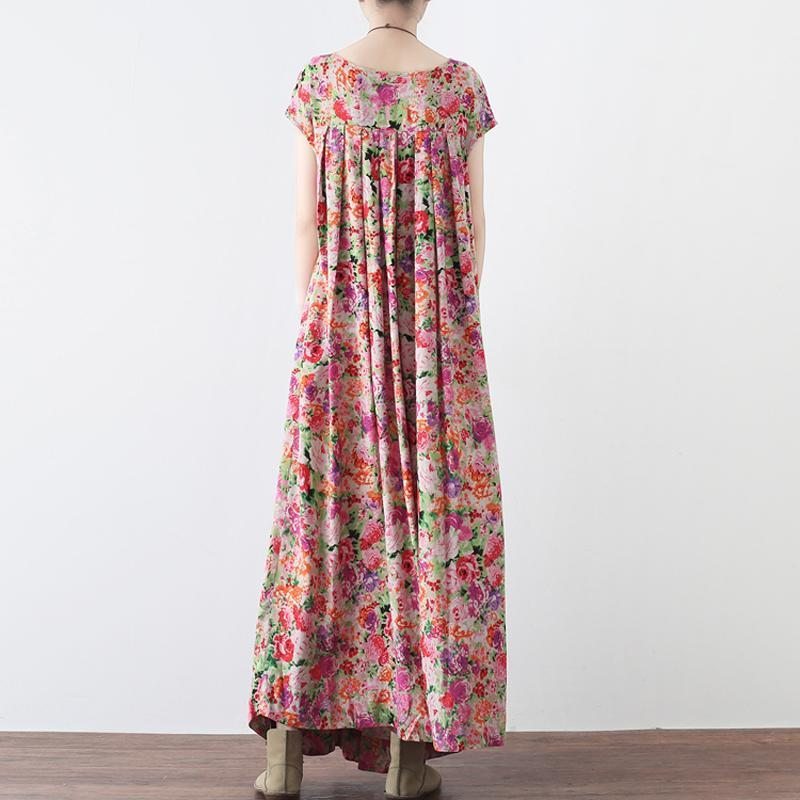 Robe Maxi À Manches Courtes En Lin Décontracté À Fleurs Rétro Pour Femmes