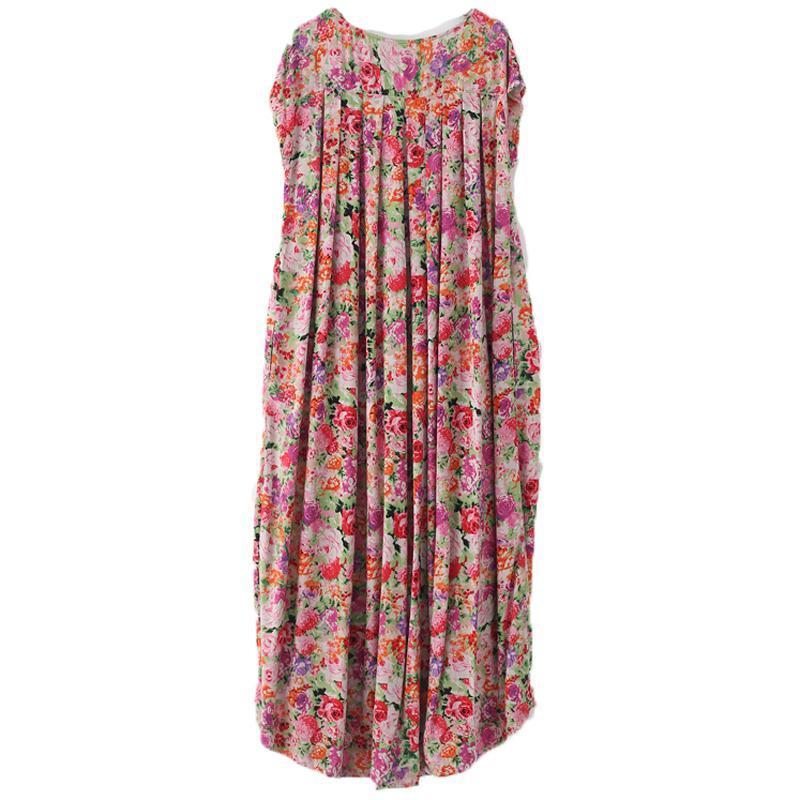 Robe Maxi À Manches Courtes En Lin Décontracté À Fleurs Rétro Pour Femmes