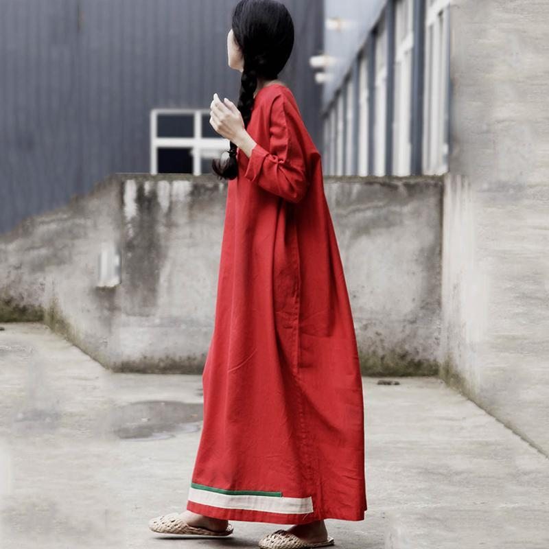 Robe Maxi À Manches Longues Décontractée À Rayures Rouges Pour Femmes