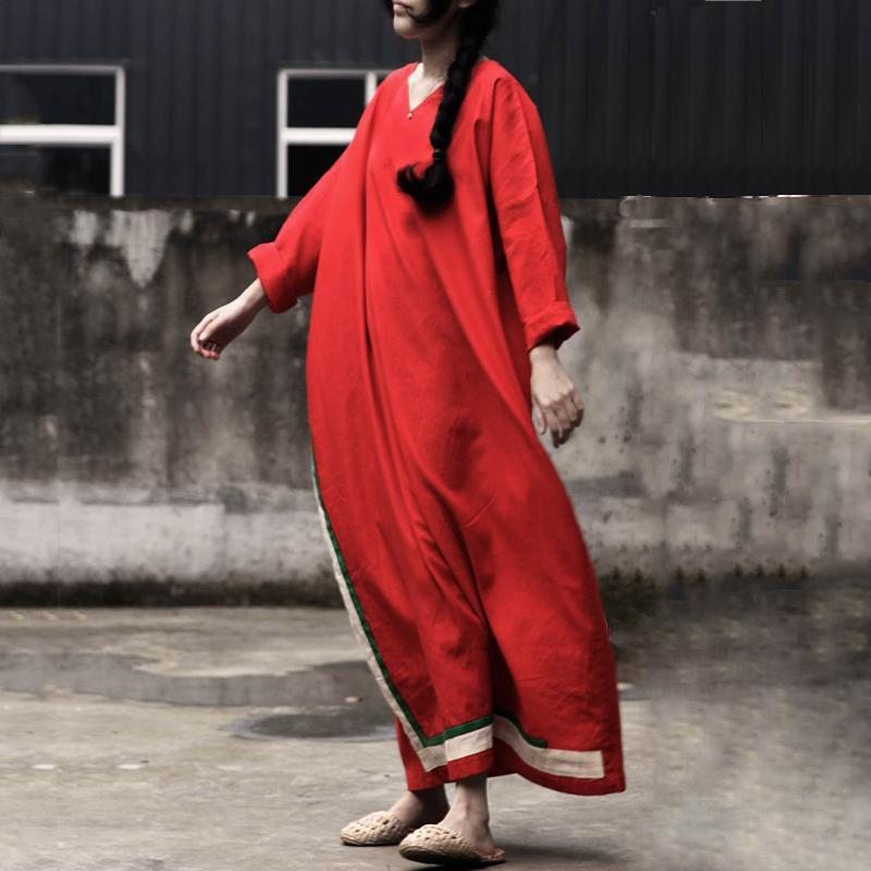 Robe Maxi À Manches Longues Décontractée À Rayures Rouges Pour Femmes