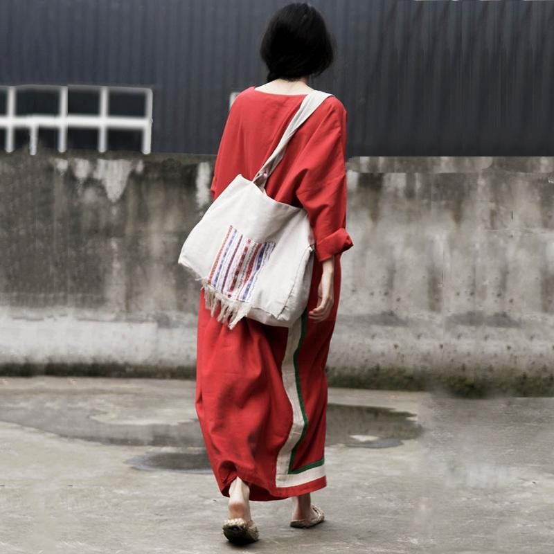 Robe Maxi À Manches Longues Décontractée À Rayures Rouges Pour Femmes