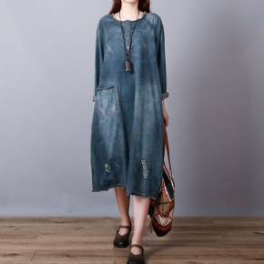 Robe Mi-longue Ample En Denim De Coton Rétro Déchiré