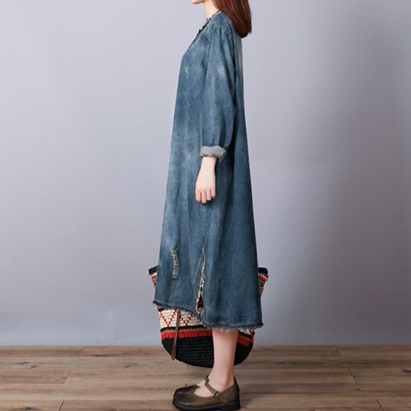 Robe Mi-longue Ample En Denim De Coton Rétro Déchiré