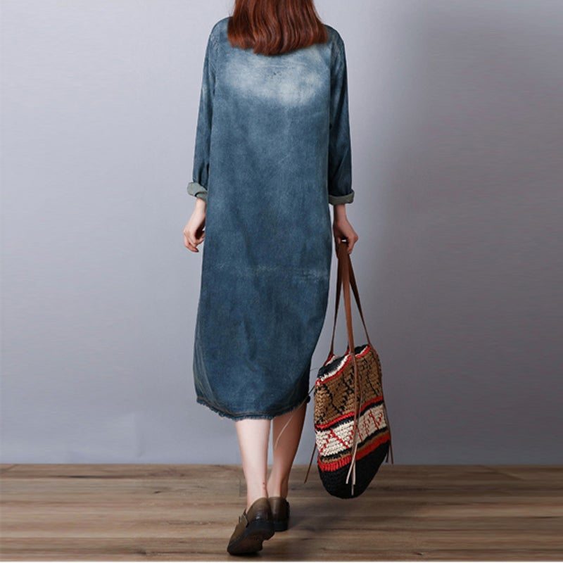 Robe Mi-longue Ample En Denim De Coton Rétro Déchiré