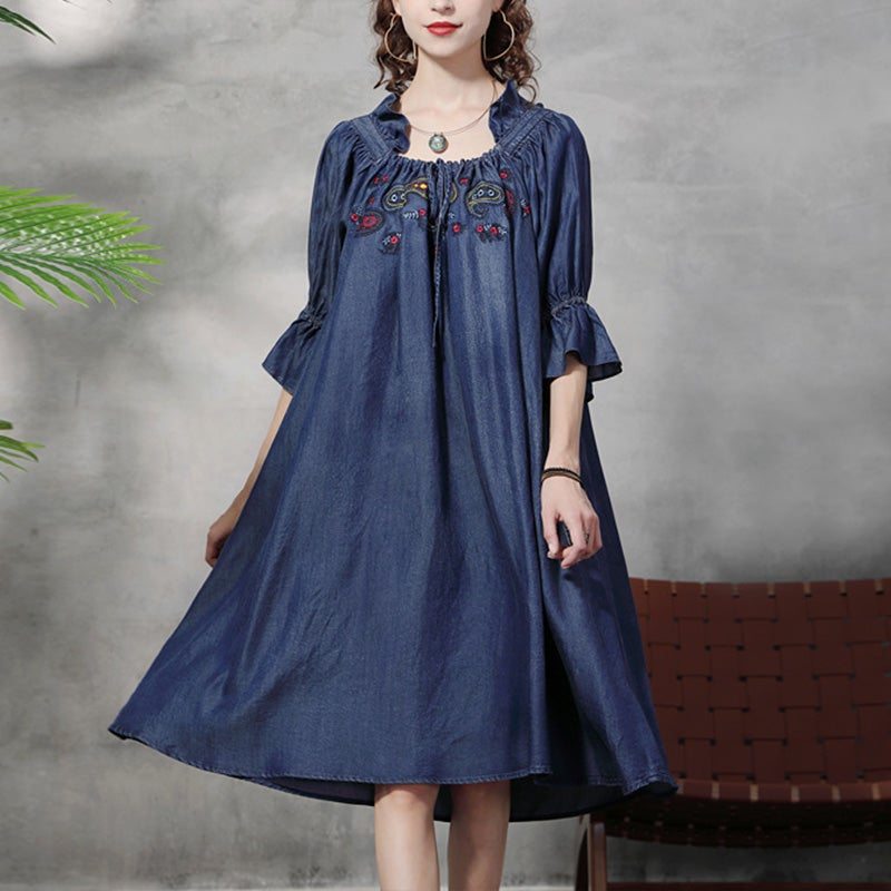 Robe Mi-longue Brodée En Denim Ample Printemps-automne