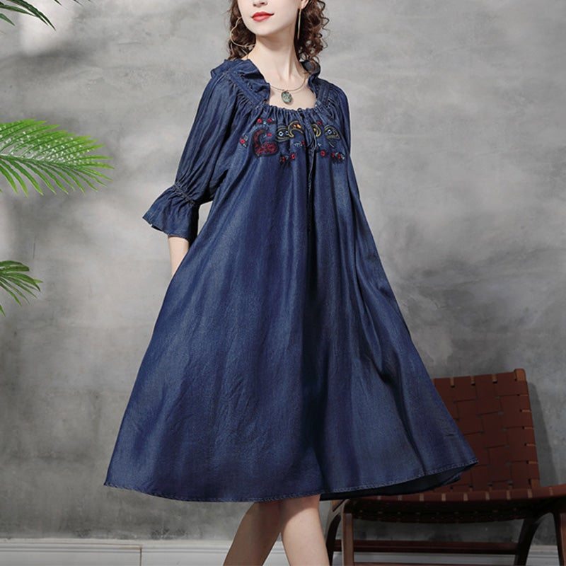 Robe Mi-longue Brodée En Denim Ample Printemps-automne