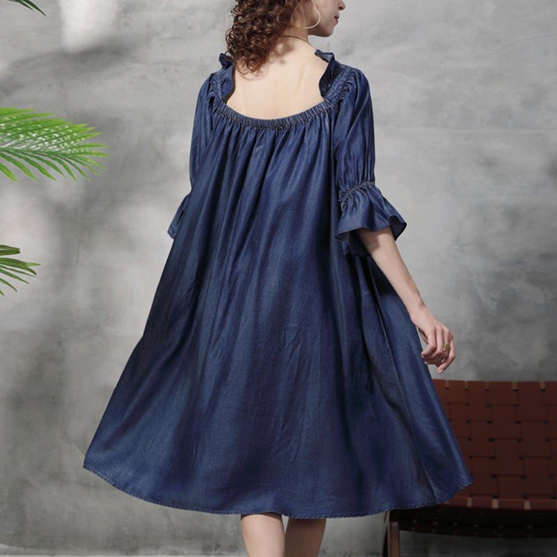 Robe Mi-longue Brodée En Denim Ample Printemps-automne