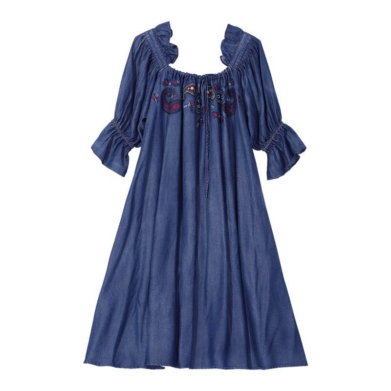 Robe Mi-longue Brodée En Denim Ample Printemps-automne