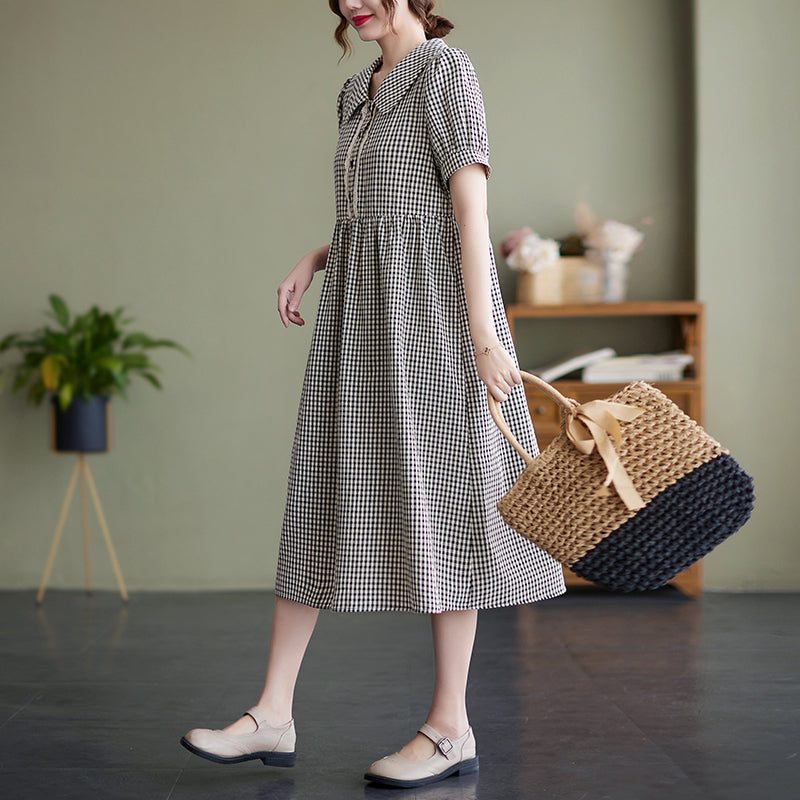 Robe Mi-longue À Carreaux À Col Polo Vintage D'été