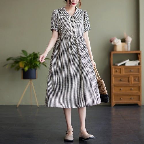 Robe Mi-longue À Carreaux À Col Polo Vintage D'été