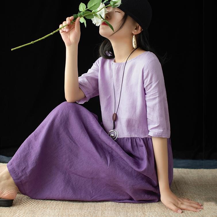 Robe Mi-longue Décontractée À Empiècements En Coton Et Lin Pour Femmes