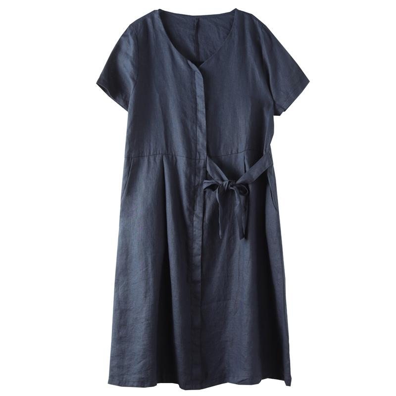 Robe Mi-longue Décontractée À Manches Courtes À Col En V Et À Lacets