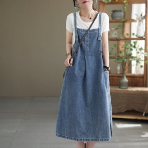 Robe Mi-longue En Denim De Coton Sans Manches Décontractée D'été