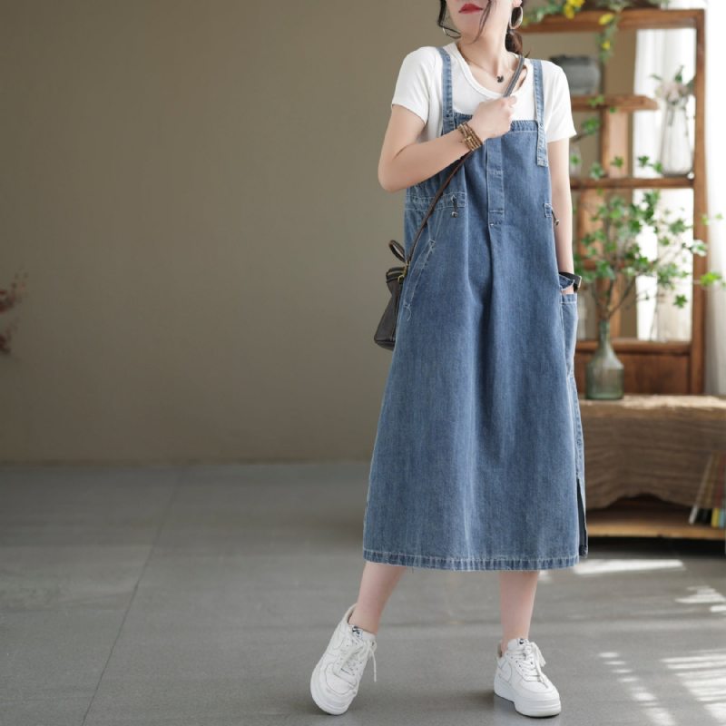 Robe Mi-longue En Denim De Coton Sans Manches Décontractée D'été