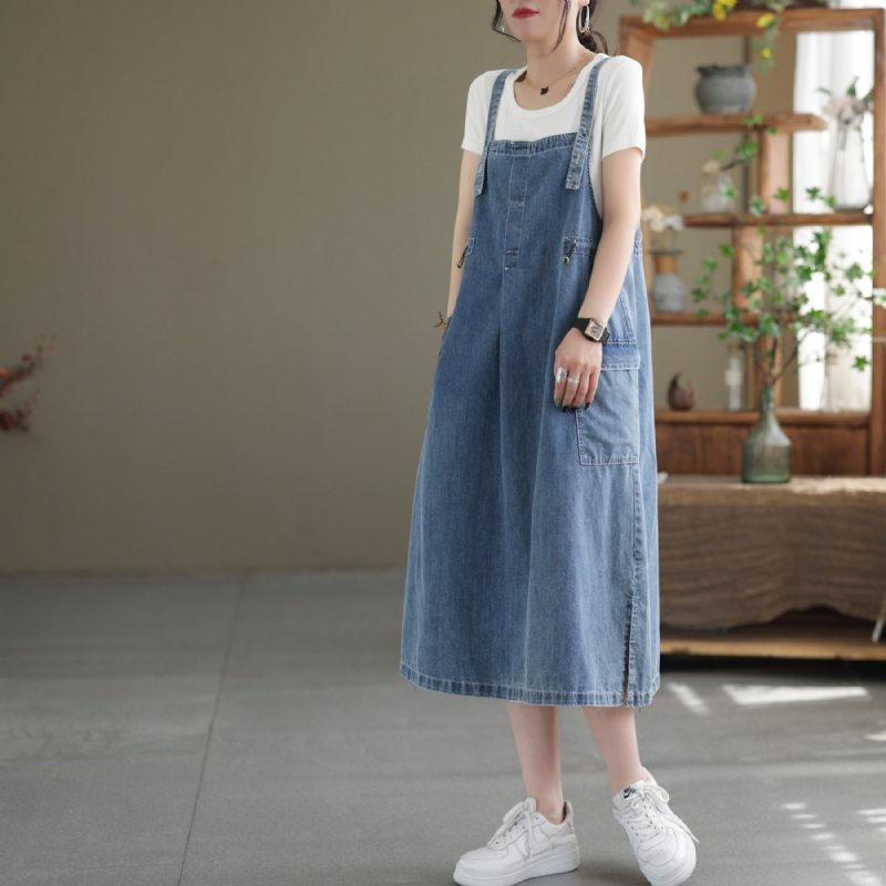 Robe Mi-longue En Denim De Coton Sans Manches Décontractée D'été