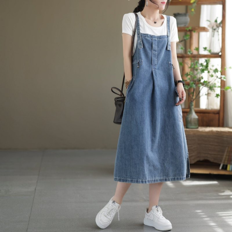 Robe Mi-longue En Denim De Coton Sans Manches Décontractée D'été