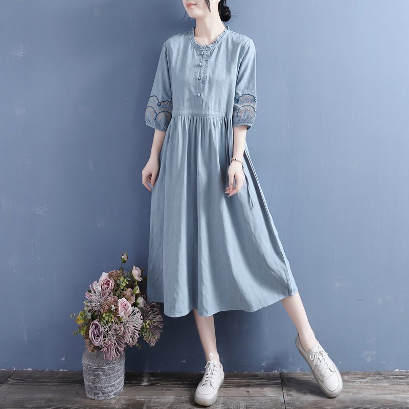 Robe Mi-longue En Lin Et Coton Brodé Rétro D'été