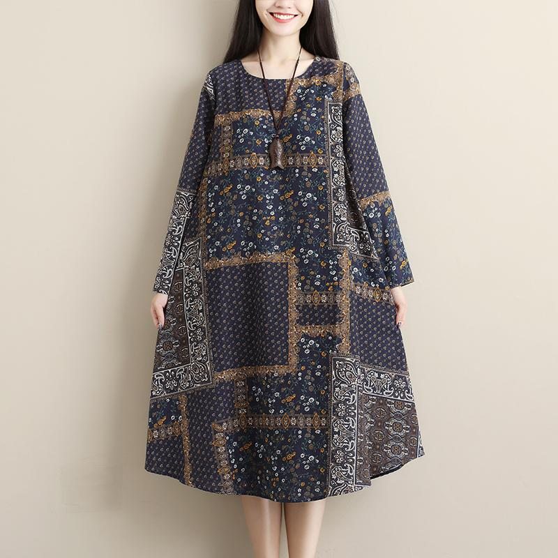 Robe Mi-longue En Lin Imprimé Printemps-automne Pour Femmes