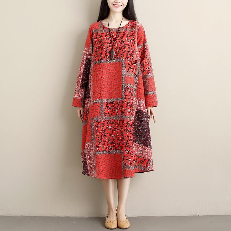 Robe Mi-longue En Lin Imprimé Printemps-automne Pour Femmes