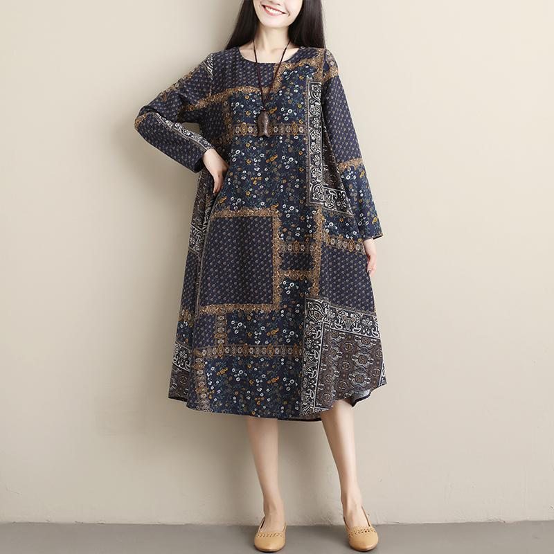 Robe Mi-longue En Lin Imprimé Printemps-automne Pour Femmes